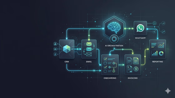 Laboratorio visual de automatizacion SaaS e IA para ordenar workflows de negocios de servicios