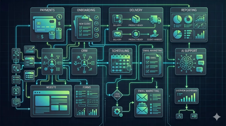 Mapa del stack de automatización para coaches, formadores y consultores B2B con SaaS e IA
